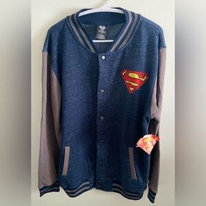 2015 DC Comics Superman Varsity Jacket Men’s L • Blue Gray • Button Up • NWT